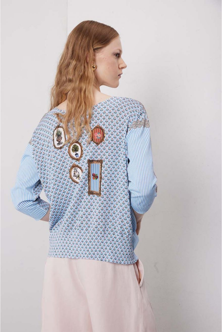 Maglia scollo a barca over manica 3/4 con stampa Country