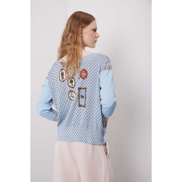 Maglia scollo a barca over manica 3/4 con stampa Country