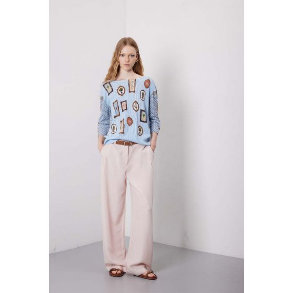 Maglia scollo a barca over manica 3/4 con stampa Country