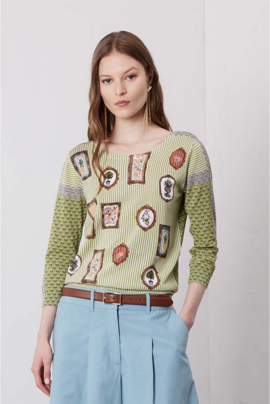 Maglia girocollo manica 3/4 con stampa Country