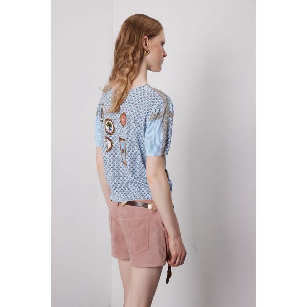 Cropped Oversized Crew-Neck Sweater with Country Print