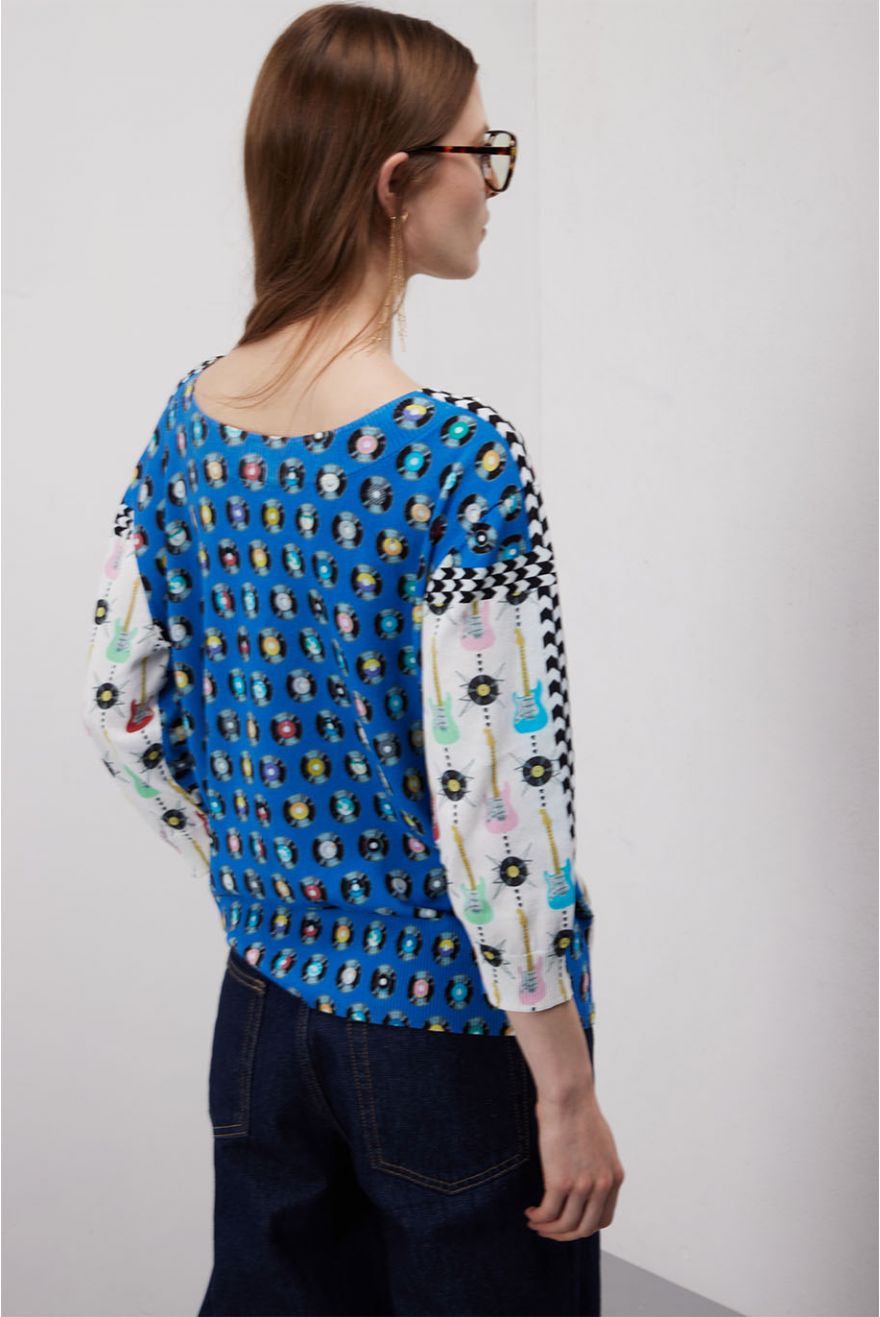 Maglia scollo barca over manica 3/4 con stampa Rock