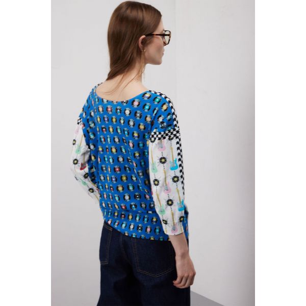 Maglia scollo barca over manica 3/4 con stampa Rock